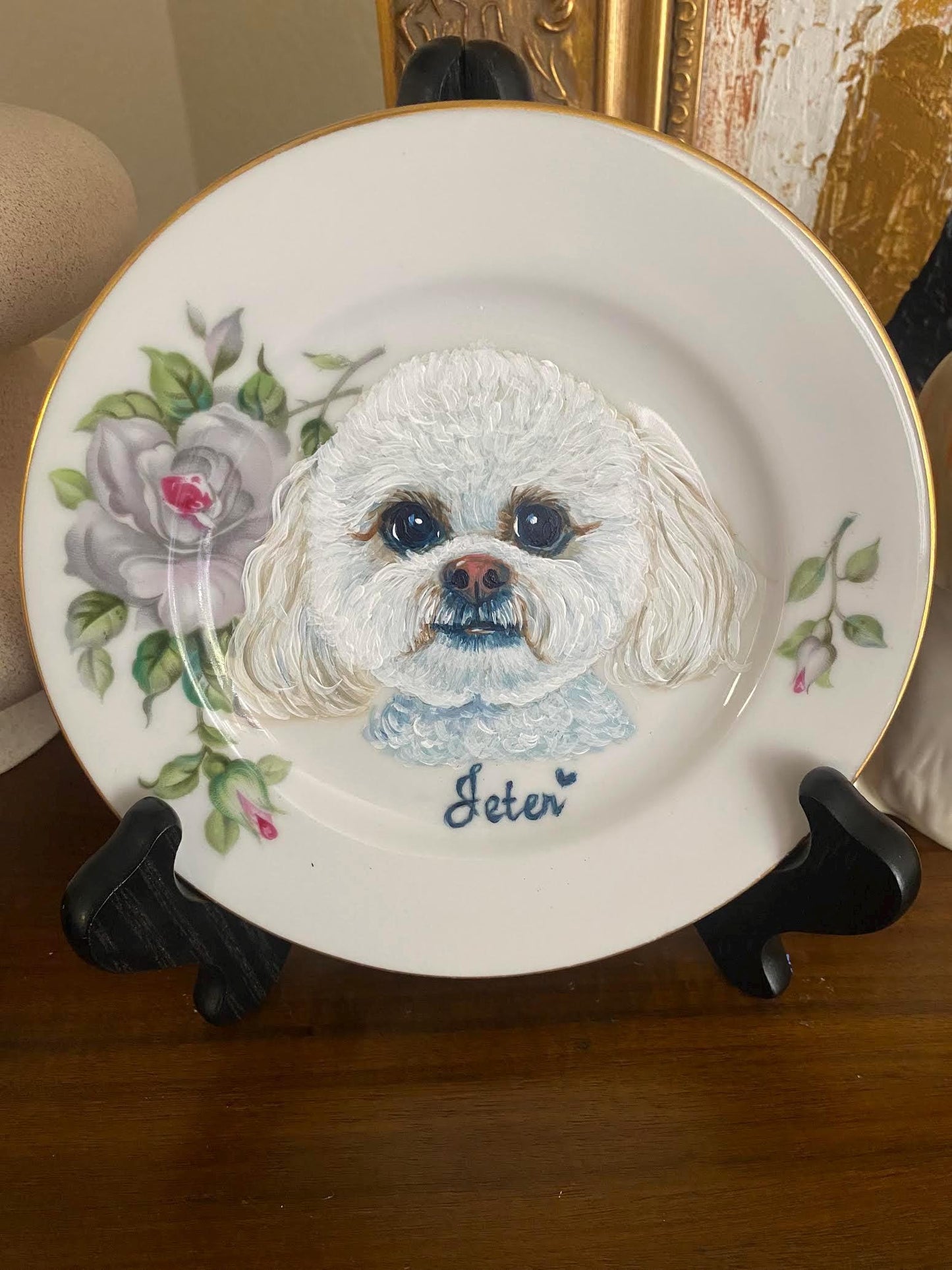 Custom Hand-Painted Dog Portrait on a Vintage Plate, Silver Rose plate, Small 6" Medium 7.5"