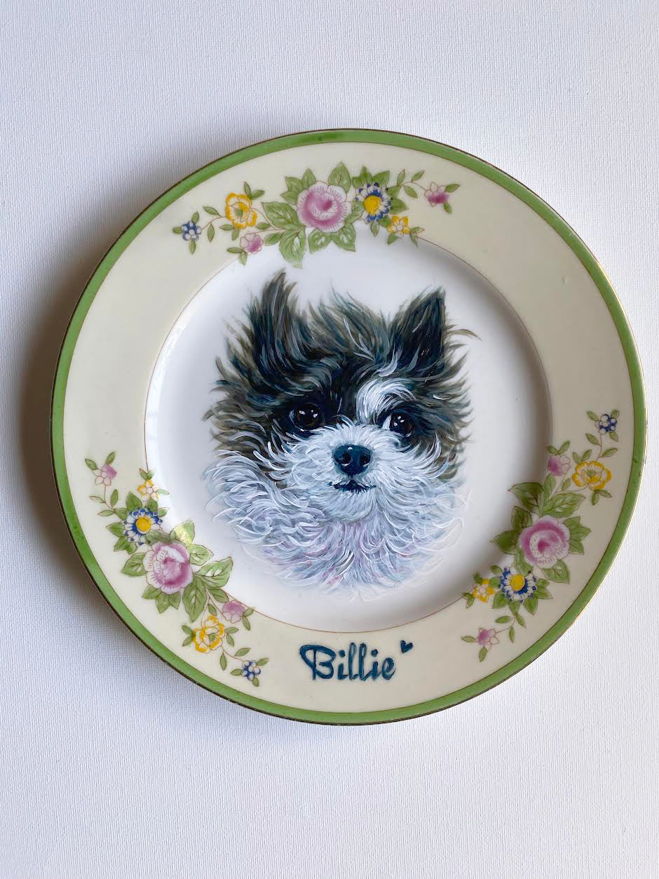 Custom Hand-Painted Dog Portrait on a Vintage Plate, Pansy delight, Medium 8"
