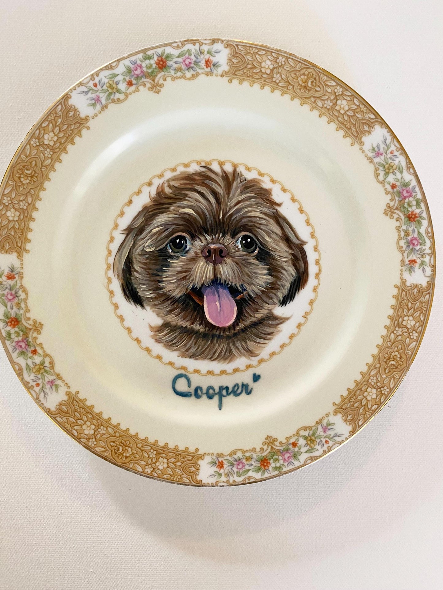 Custom Hand-Painted Dog Portrait on a Vintage Plate, dainty baviarian, small 6" med. 7.5"