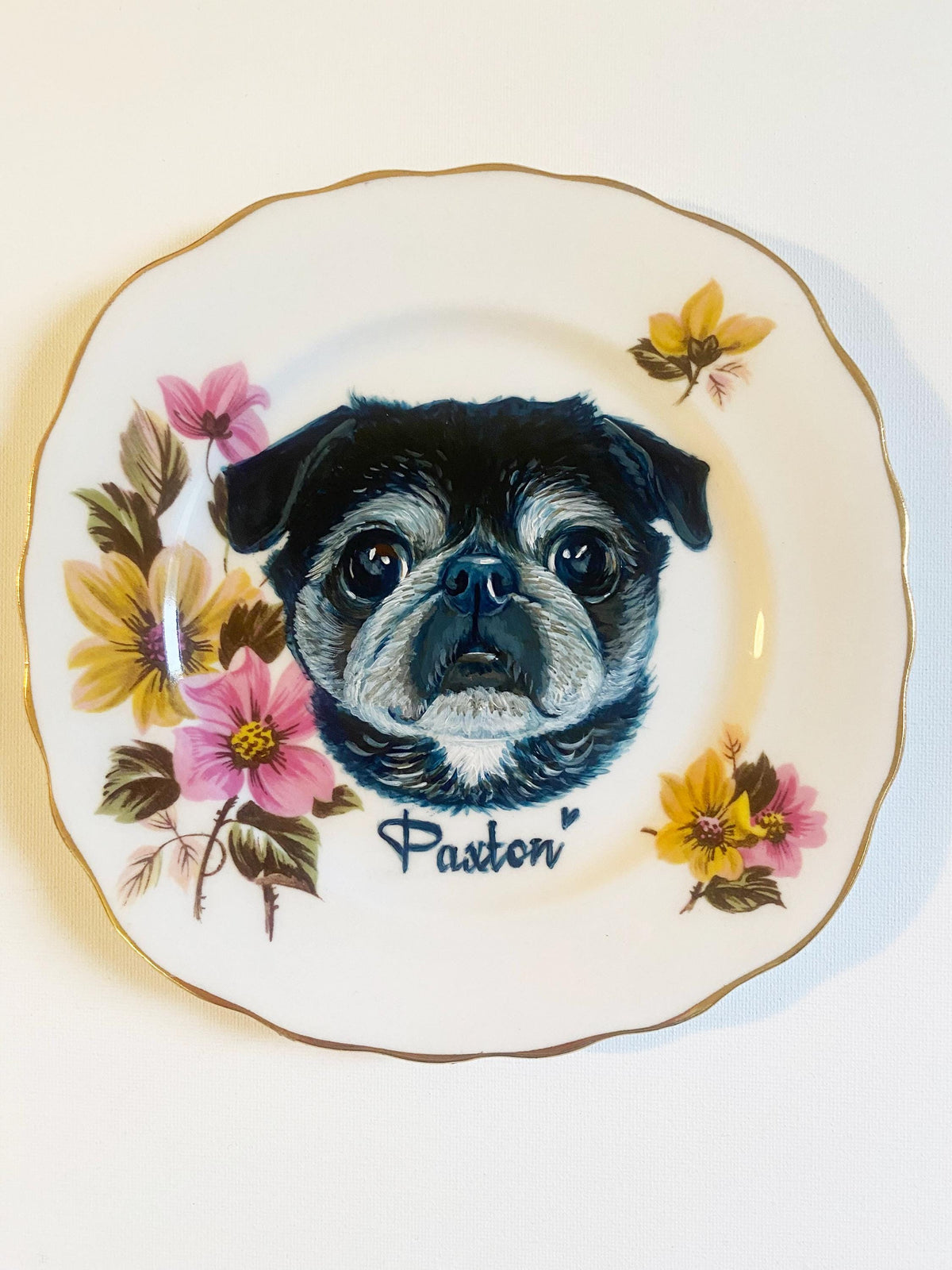 Custom Hand Painted Dog Portrait on Vintage Plate, Baby blue flair, 7.5" medium