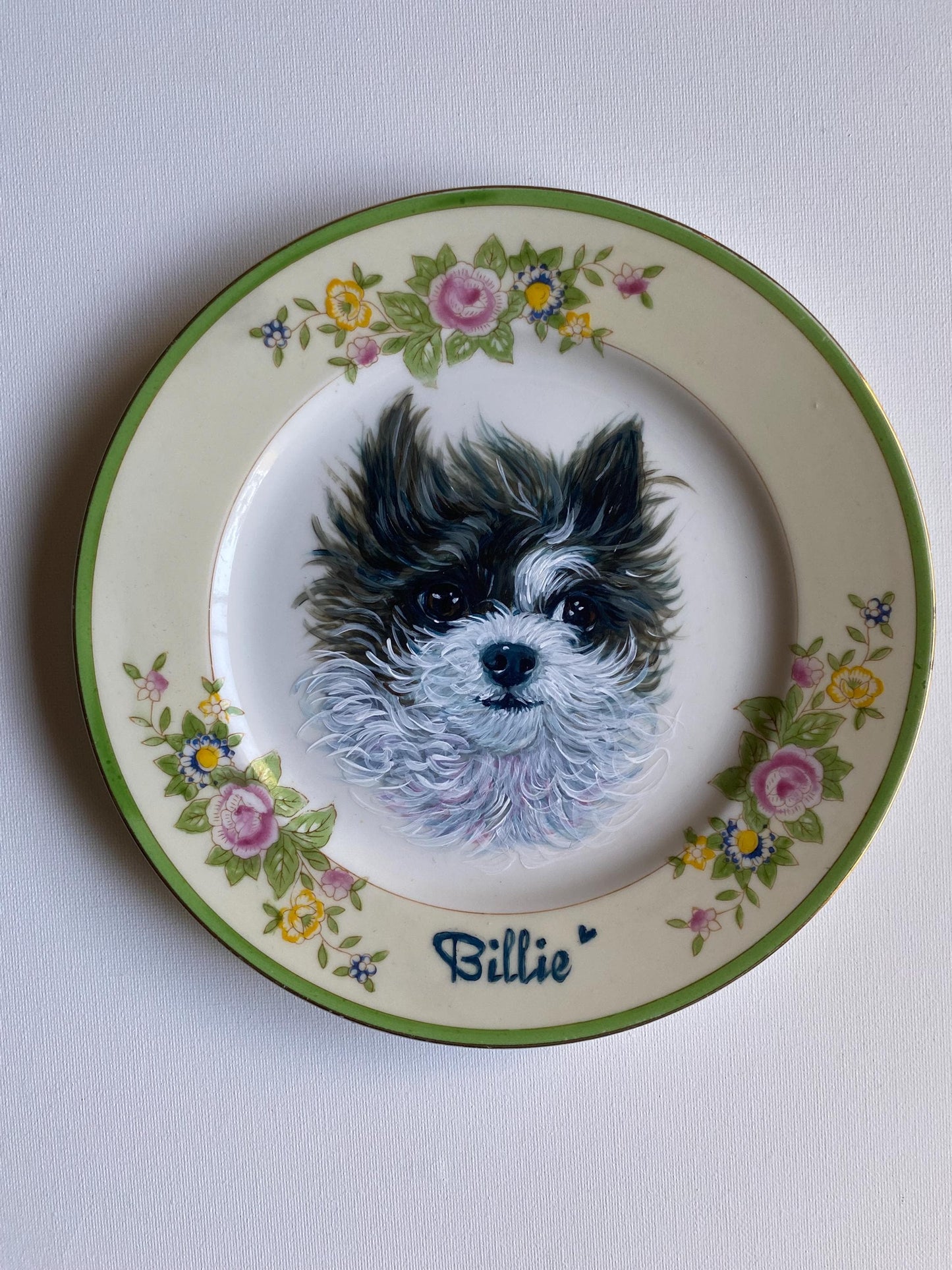 Custom Hand-Painted Dog Portrait on a Vintage Plate, Diane, small 6" med. 7.5"