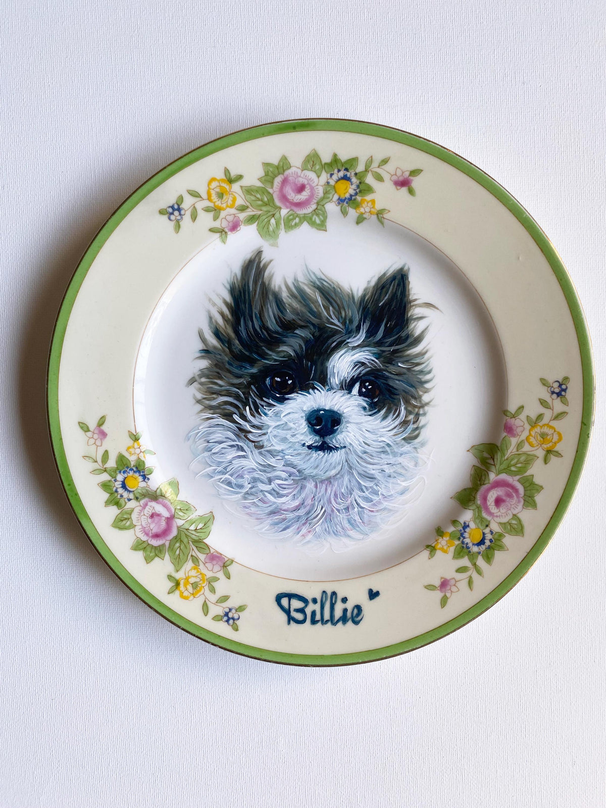 Custom Hand Painted Dog Portrait on Vintage Plate, Baby blue flair, 7.5" medium