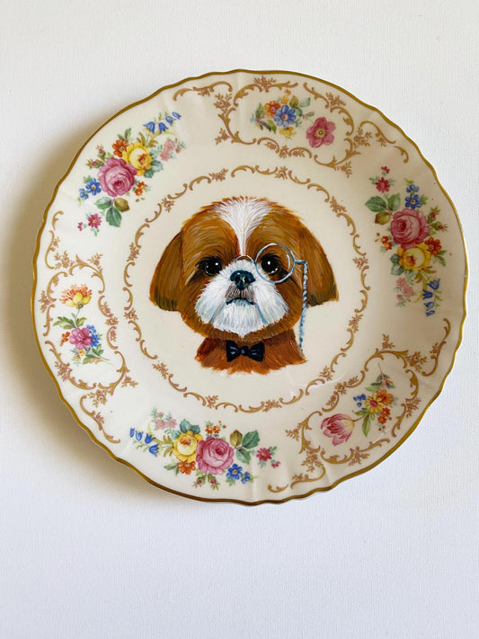 Beasley the Shih Tzu | Hand Painted Storybook Pet Plate, Whimsical Dog Portrait Plate, One of a Kind Decorative Art, vintage plate.
