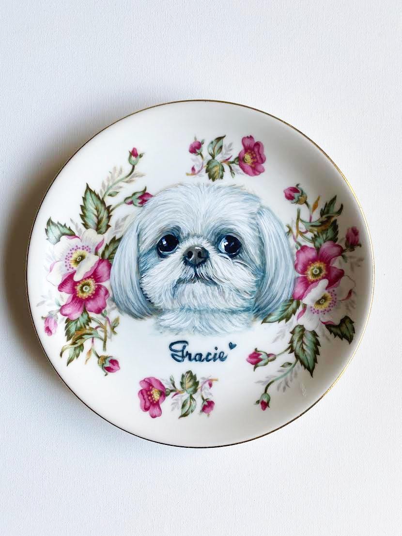 Custom Hand-Painted Dog Portrait on a Vintage Plate, Heatherwood, small 6" med. 7.5"