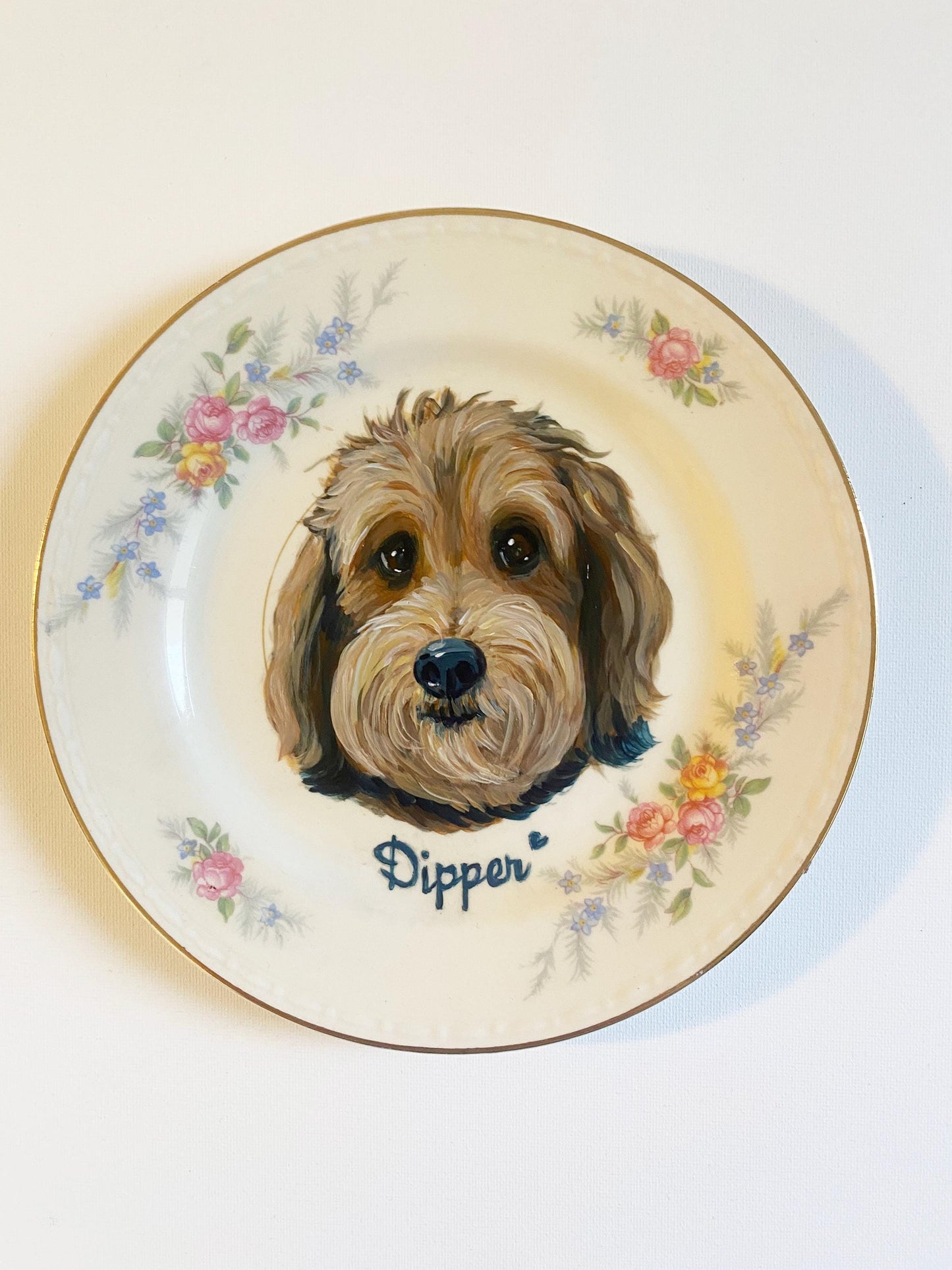 Custom Hand-Painted Dog Portrait on a Vintage Plate, white scallop , 6.5"