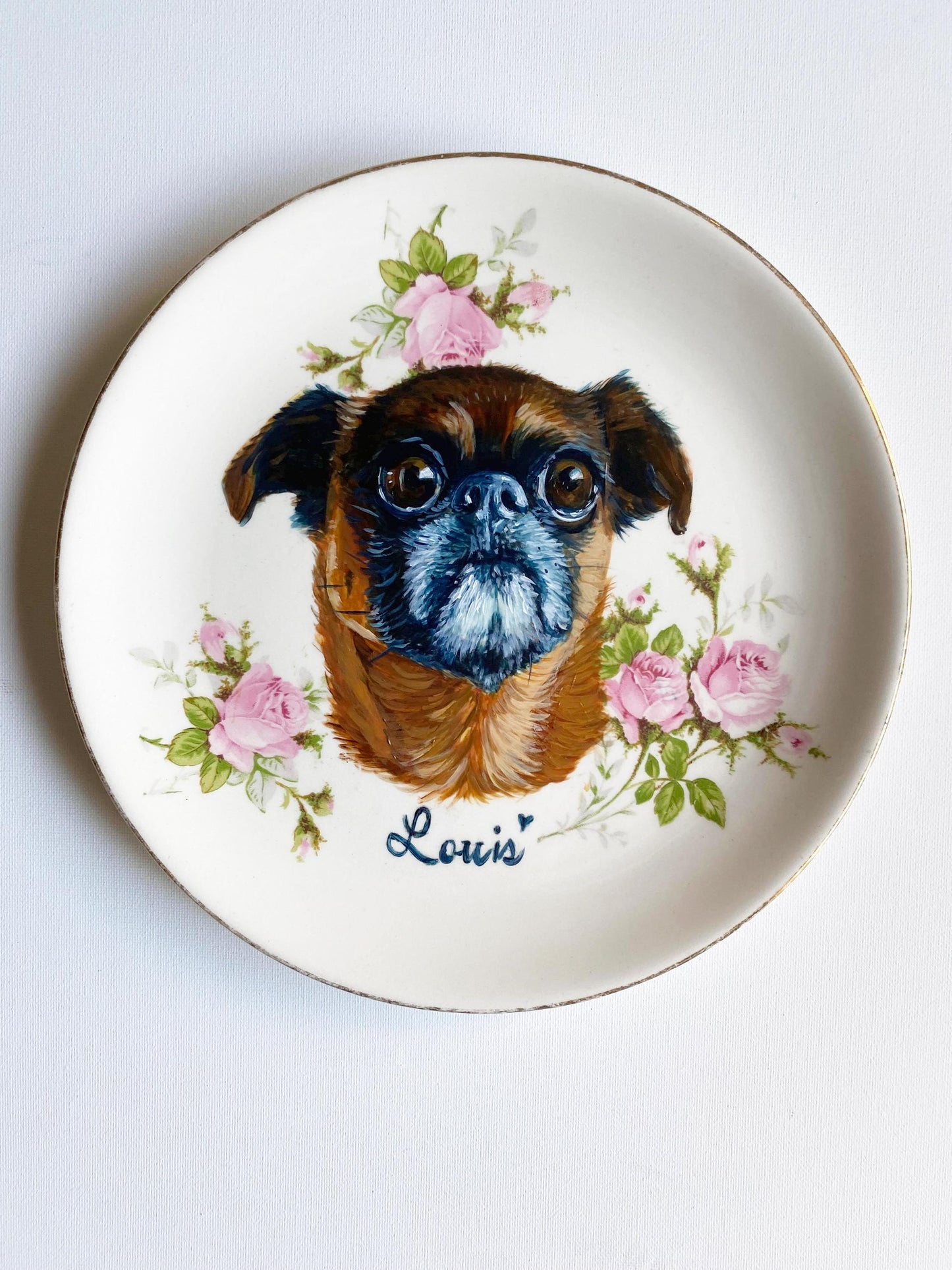 Custom Hand-Painted Dog Portrait on a Vintage Plate, white scallop , 6.5"