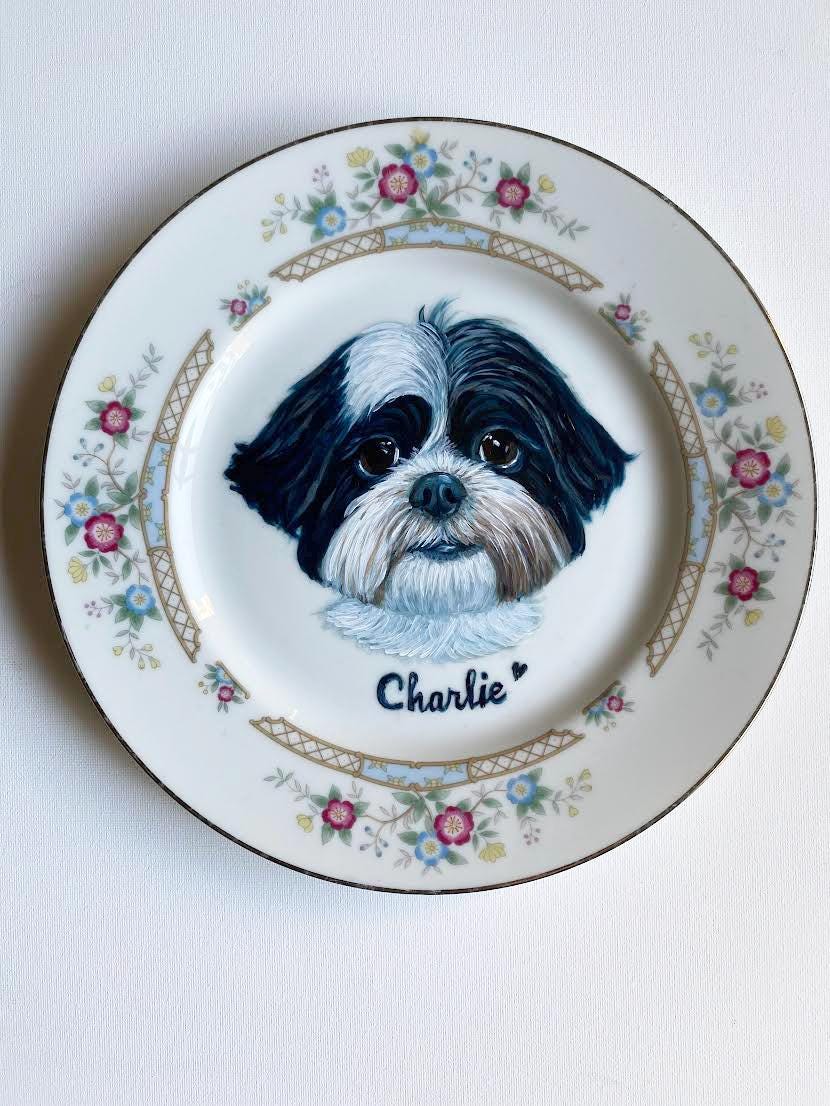 Custom Hand-Painted Dog Portrait on a Vintage Plate, Brantley gold rim, small 6" med. 7.5"