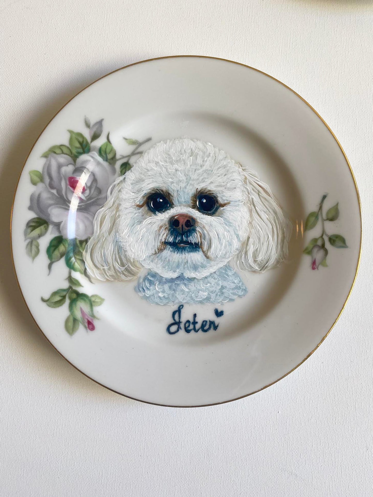 Custom Hand-Painted Dog Portrait on a Vintage Plate, white scallop , 6.5"