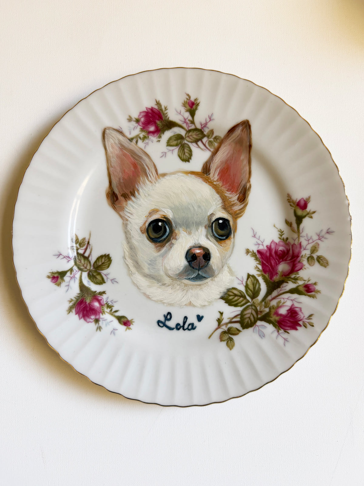 Custom Hand-Painted Dog Portrait on a Vintage Plate, Pink Rose Garland, Medium 8"