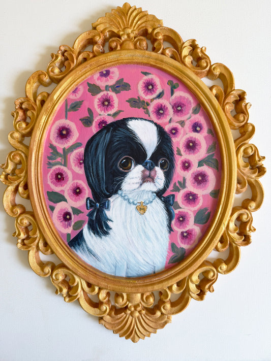 Millie and the Hollyhocks | Original Painting | Hand Painted Dog Art on Framed Wood Panel | One of a Kind Storybook Wall Art 11x15"