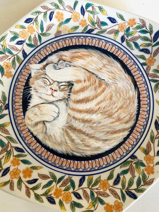 Gingerbell Storybook Cat Plate, Hand Painted Orange Tabby Vintage Plate, Original Cat wall Decor, One of a Kind Cat Lover Gift. 7.5"