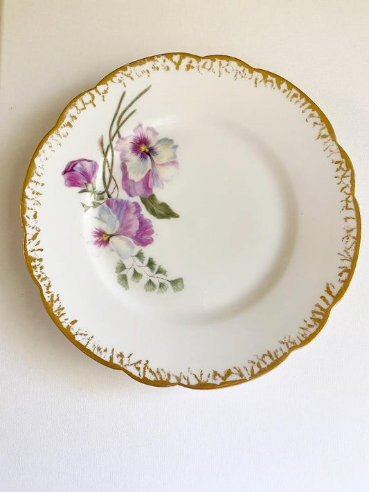 Custom Hand Painted Dog Portrait on Vintage Plate, Pansies, medium 7.5" size