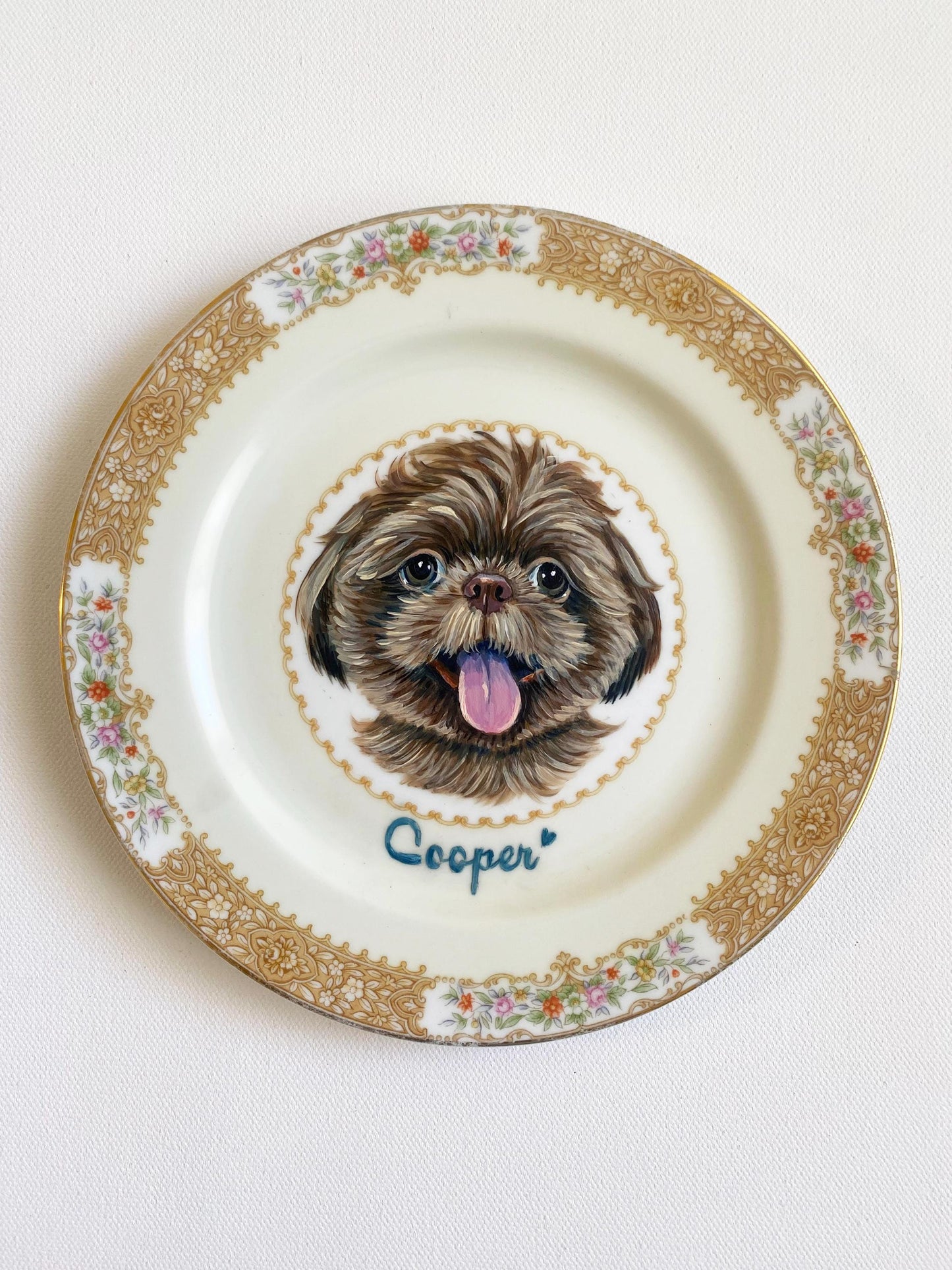 Custom Hand-Painted Dog Portrait on a Vintage Plate, Brantley gold rim, small 6" med. 7.5"