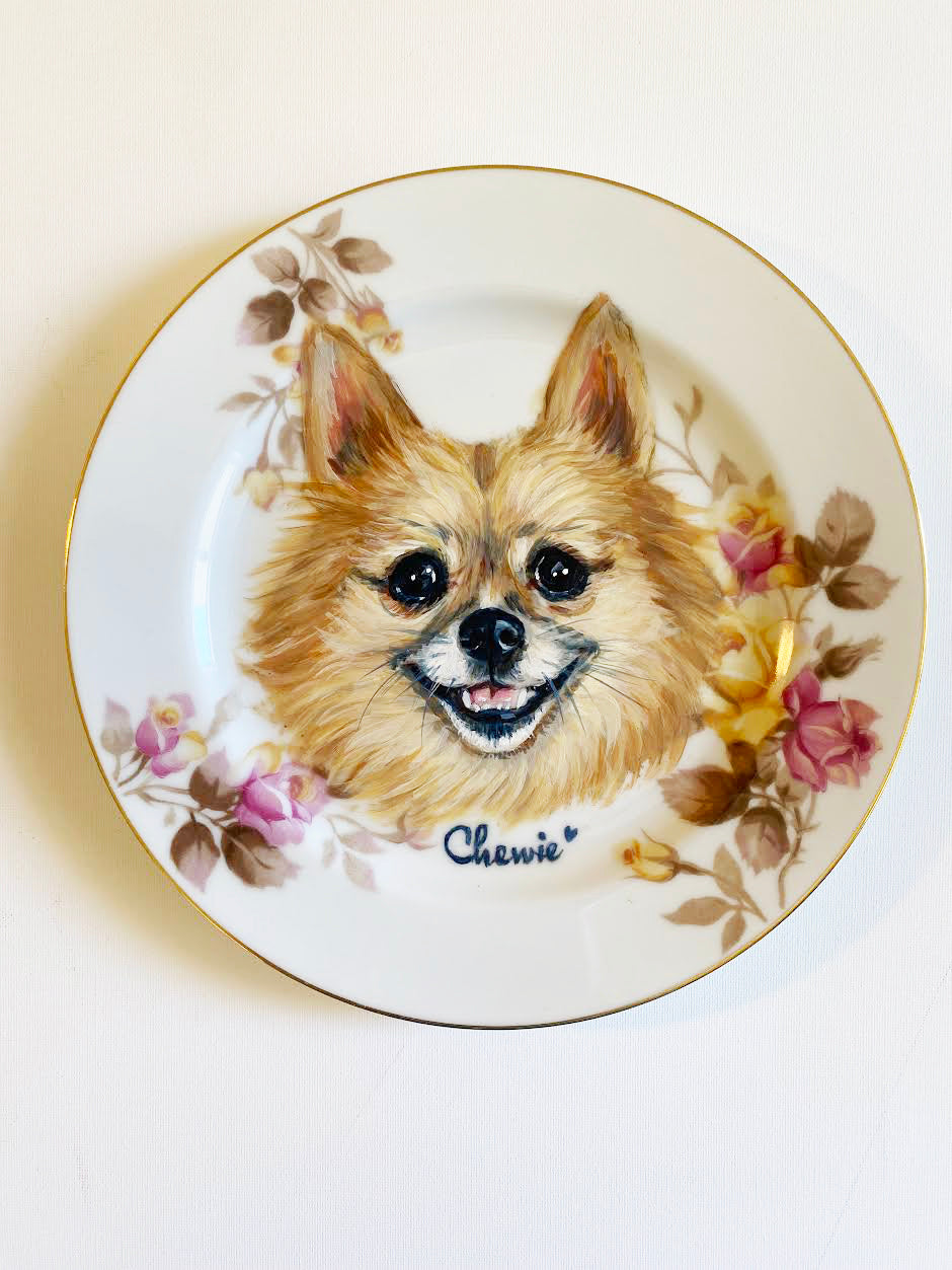 Custom Hand-Painted Dog Portrait on a Vintage Plate, Silver Rose plate, Medium 7.5"