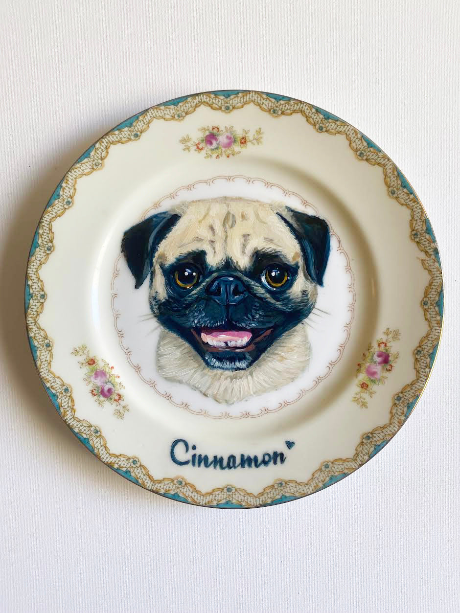 Custom Hand Painted Dog Portrait on Vintage Plate, Topaz floral, 7.5" medium