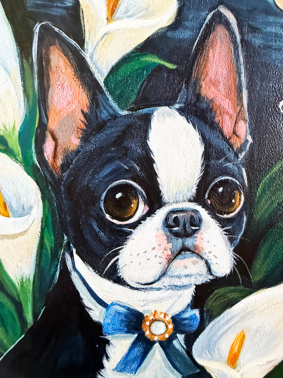 Edwin and the Cresent Moon | Original Painting | Hand Painted Dog Art on Framed Wood Panel | One of a Kind Storybook Wall Art 11x15"