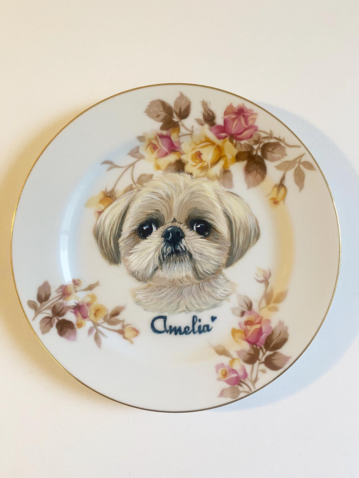Custom Hand-Painted Dog Portrait on a Vintage Plate, Brantley gold rim, small 6" med. 7.5"