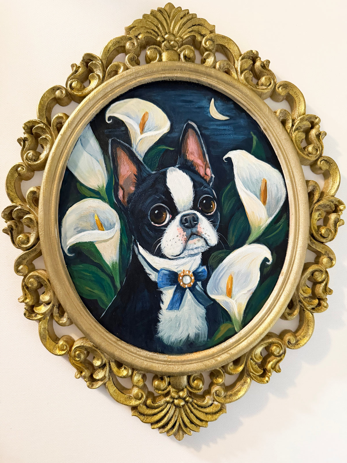Edwin and the Cresent Moon | Original Painting | Hand Painted Dog Art on Framed Wood Panel | One of a Kind Storybook Wall Art 11x15"