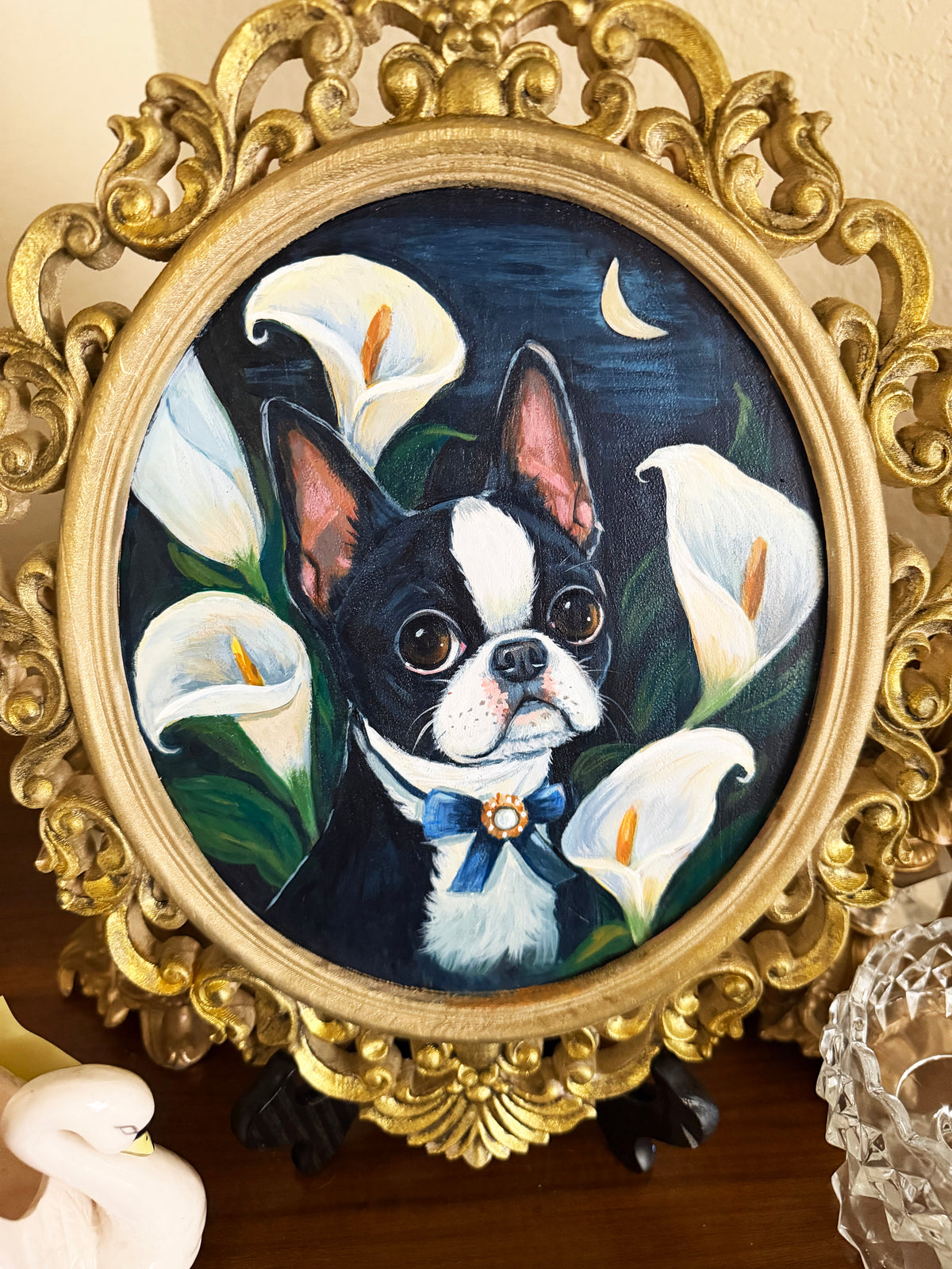 Edwin and the Cresent Moon | Original Painting | Hand Painted Dog Art on Framed Wood Panel | One of a Kind Storybook Wall Art 11x15"