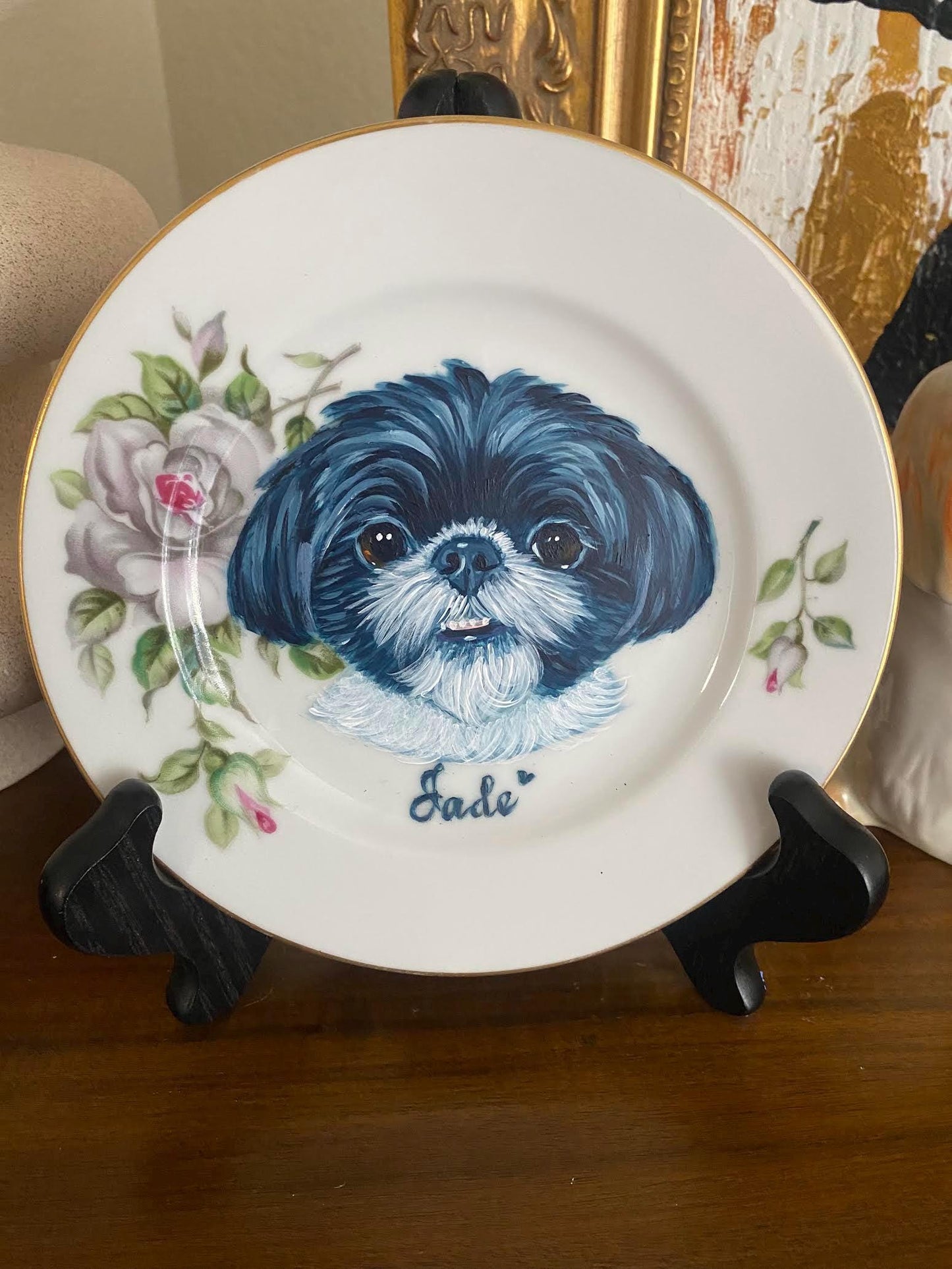 Custom Hand-Painted Dog Portrait on a Vintage Plate, Silver Rose plate, Small 6" Medium 7.5"