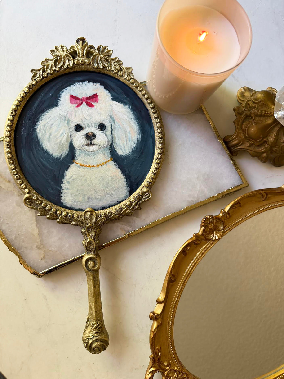 Fiona and her Red Bow | Original Painting | Hand Painted Poodle on a beautiful vintage style mirror| One of a Kind Storybook art 7x14"