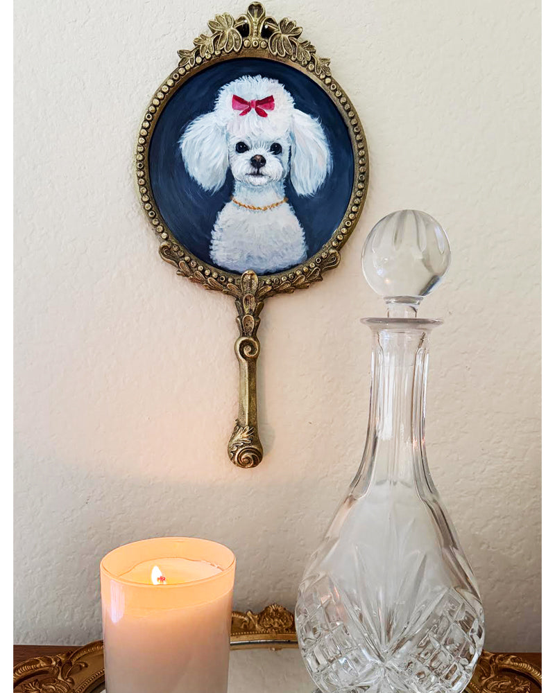Fiona and her Red Bow | Original Painting | Hand Painted Poodle on a beautiful vintage style mirror| One of a Kind Storybook art 7x14"