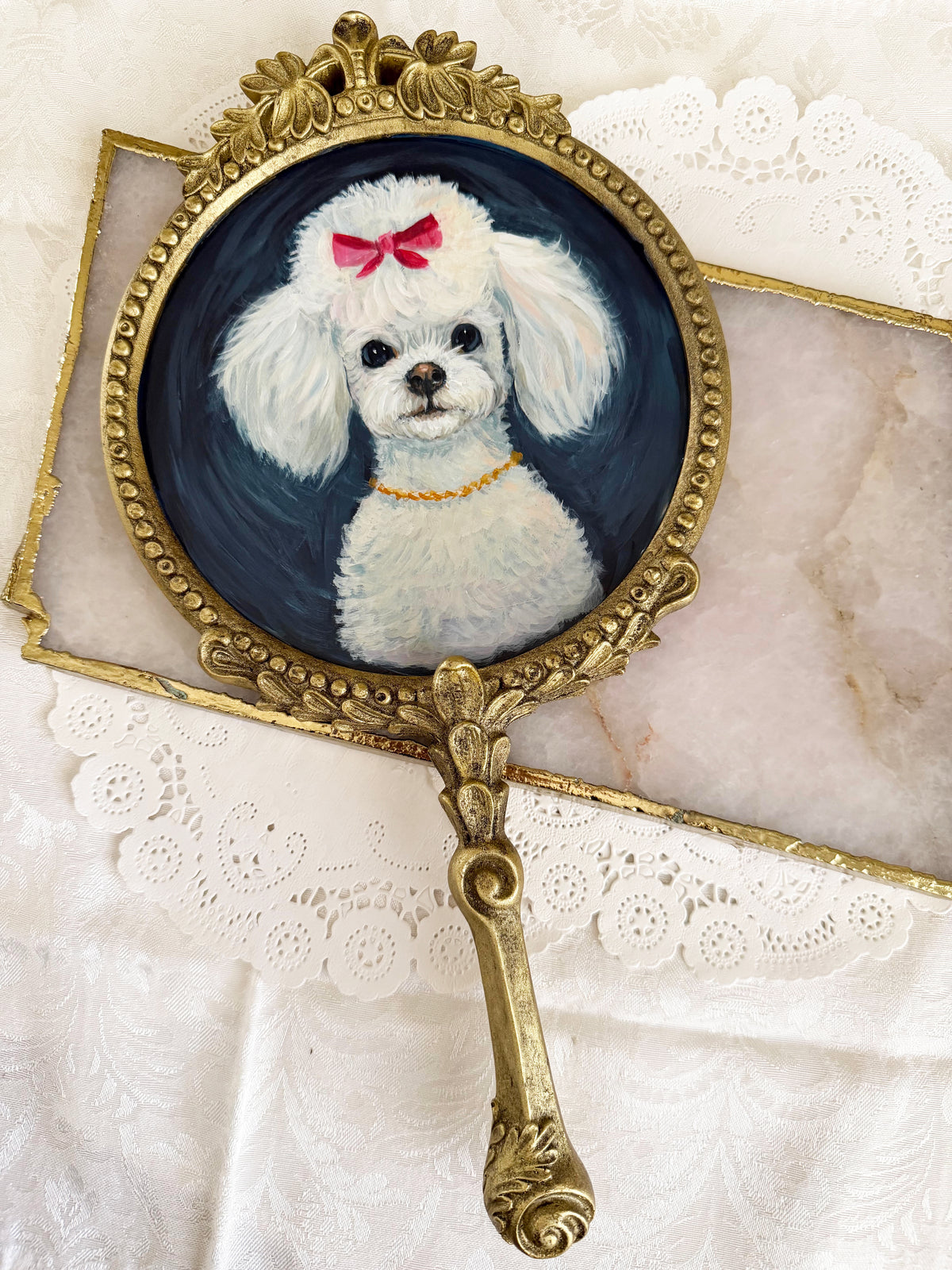 Fiona and her Red Bow | Original Painting | Hand Painted Poodle on a beautiful vintage style mirror| One of a Kind Storybook art 7x14"
