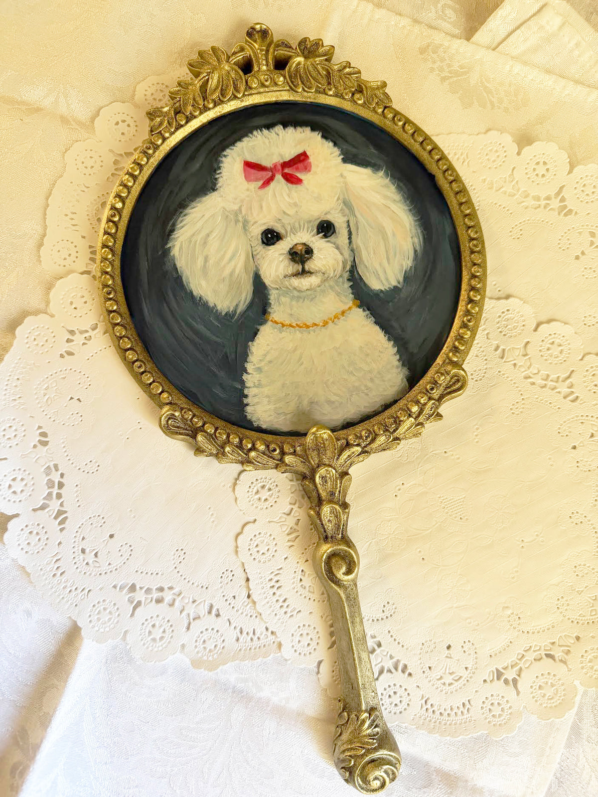 Fiona and her Red Bow | Original Painting | Hand Painted Poodle on a beautiful vintage style mirror| One of a Kind Storybook art 7x14"