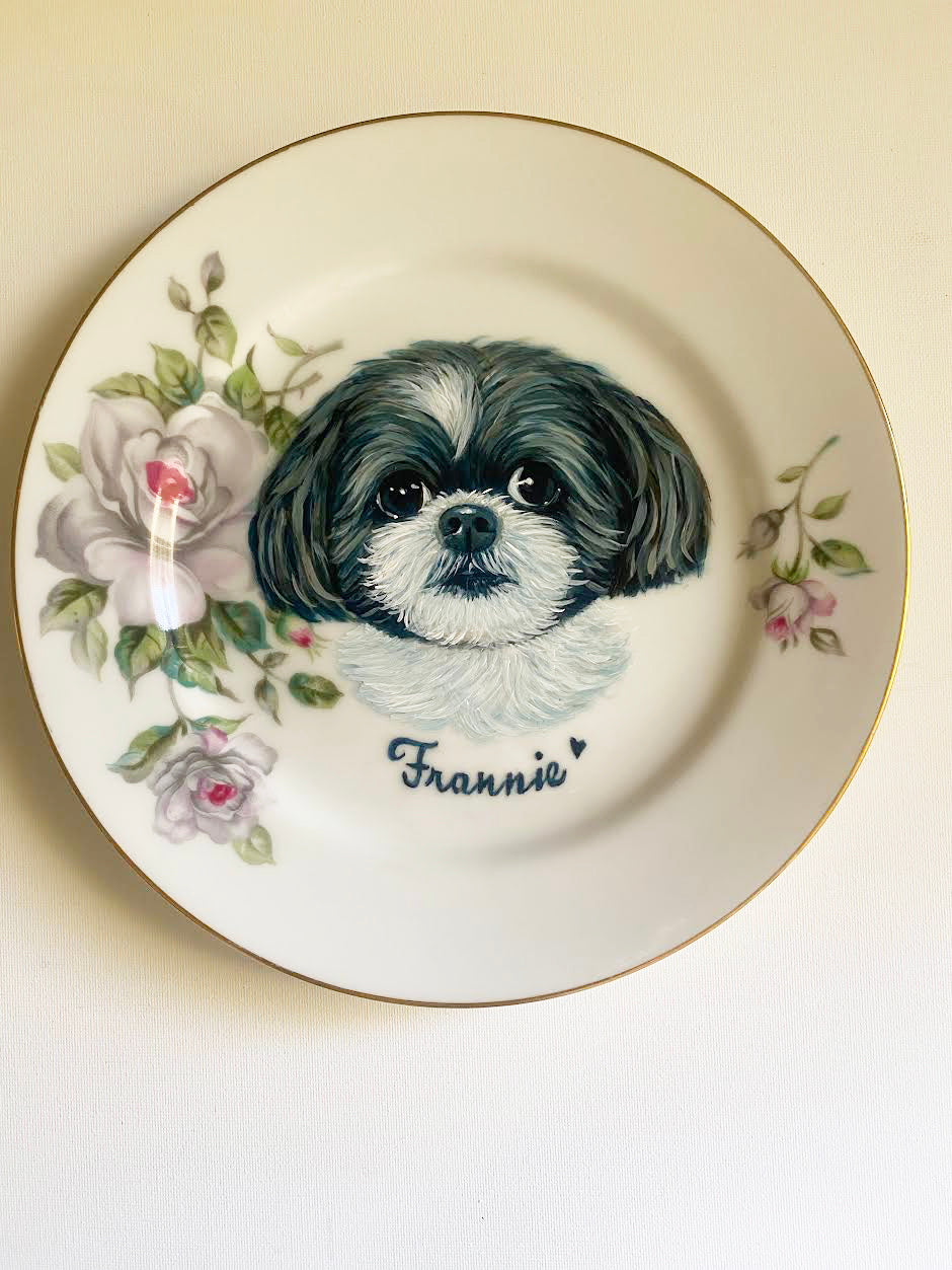 Custom Hand-Painted Dog Portrait on a Vintage Plate, Silver Rose plate, Medium 7.5"