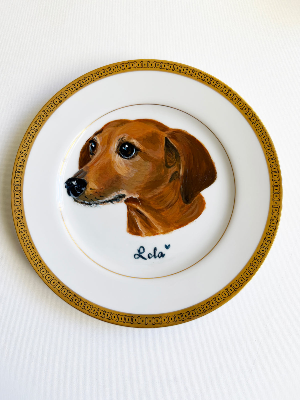Custom Hand-Painted Dog Portrait on a Vintage Plate, Brantley gold rim, small 6" med. 7.5"