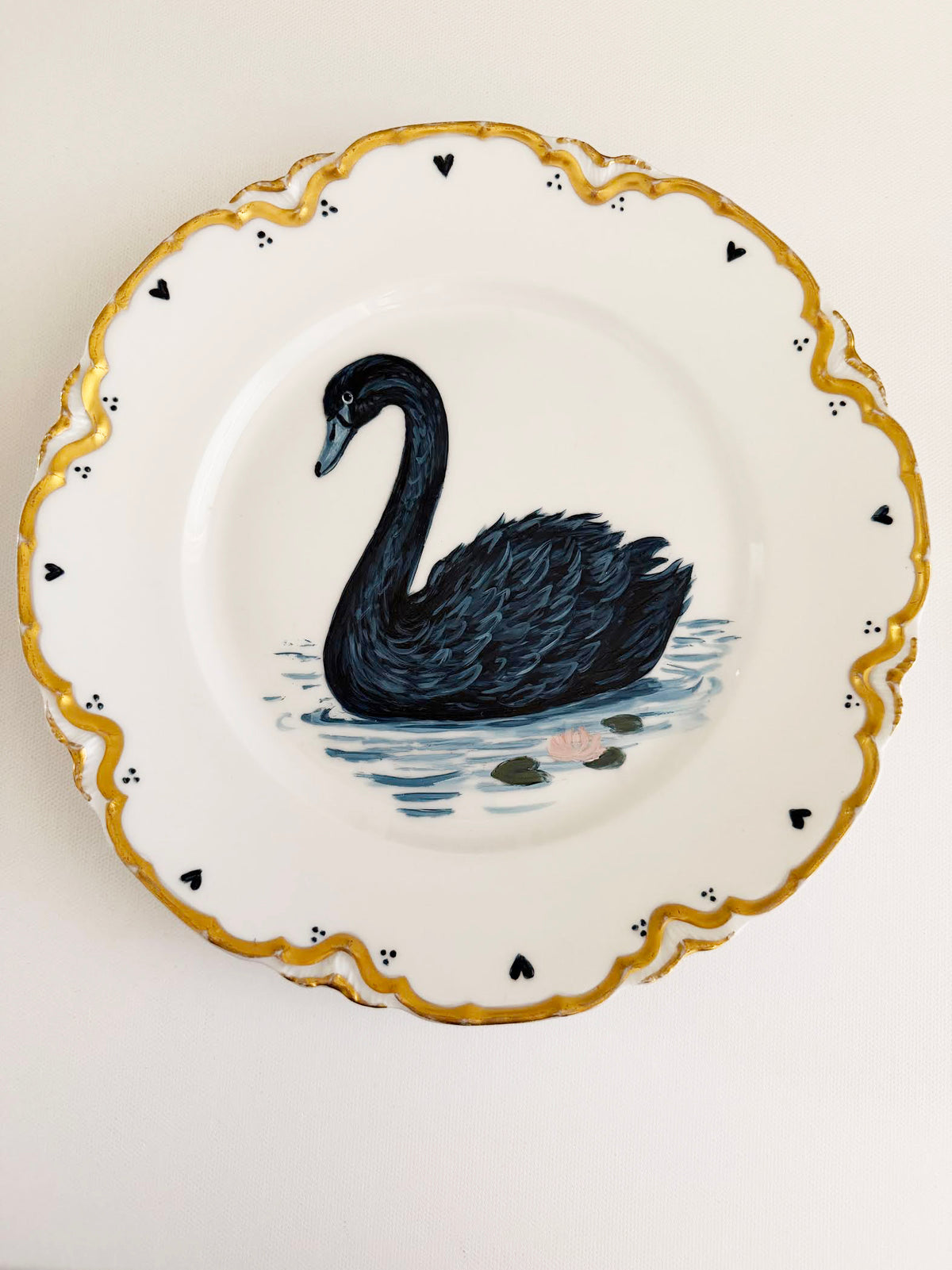 Black swan painting on a vintage 9.5" piece of Antique Limoges Haviland China.