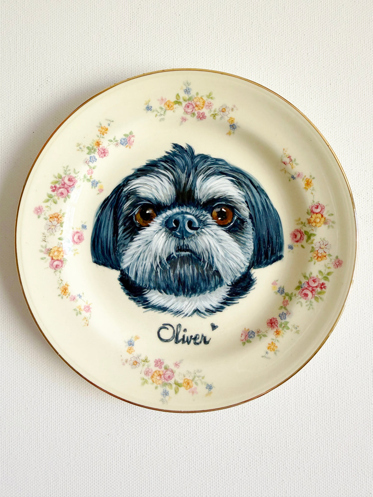 Custom Hand-Painted Dog Portrait on a Vintage Plate, Sweet Bouquet plate small 6" small