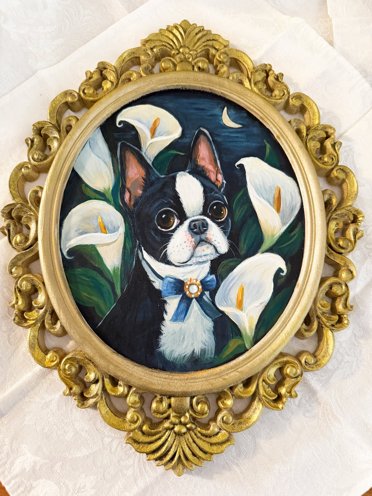 Edwin and the Cresent Moon | Original Painting | Hand Painted Dog Art on Framed Wood Panel | One of a Kind Storybook Wall Art 11x15"