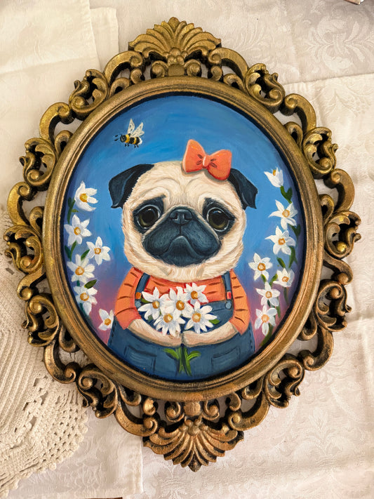 Penelope's Garden | Original Painting | Hand Painted Dog Art on Framed Wood Panel | One of a Kind Storybook Wall Art 11x15"