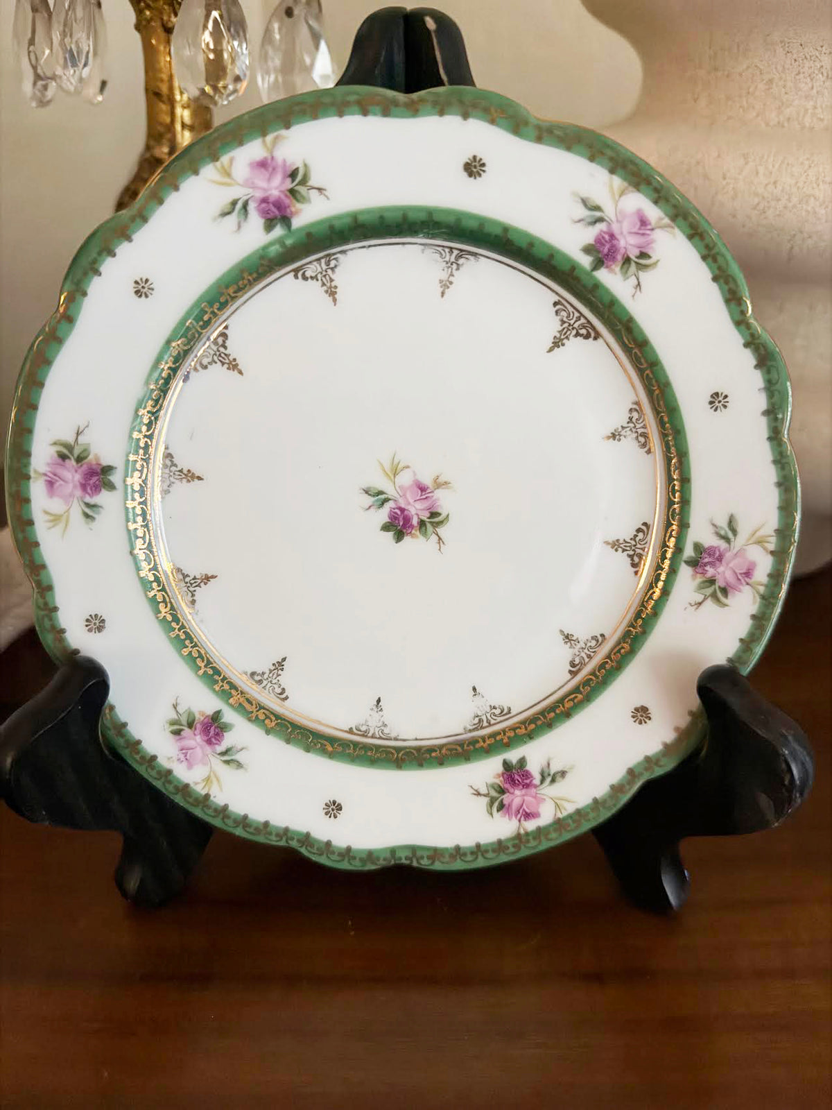 Custom Hand-Painted Dog Portrait on a Vintage Plate, Pink Rose Garland, Medium 8"