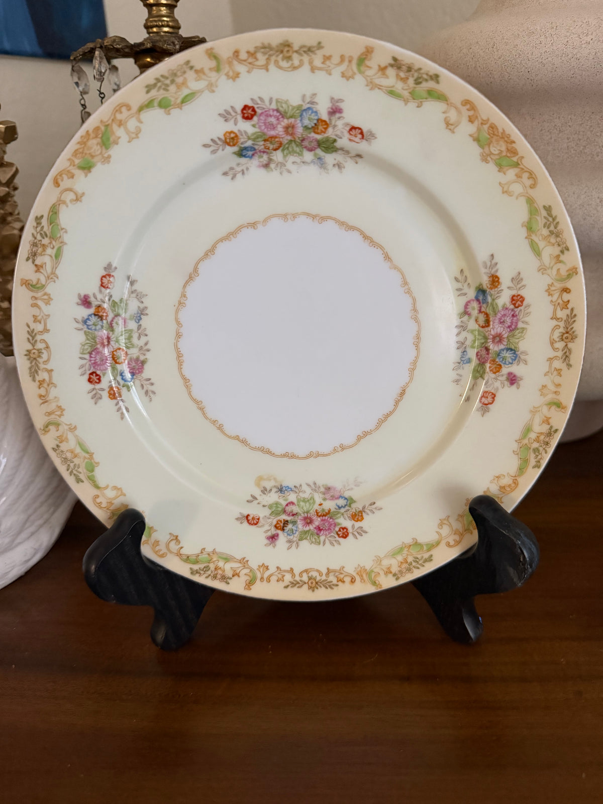 Custom Hand Painted Dog Portrait on Vintage Plate, Topaz floral, 7.5" medium
