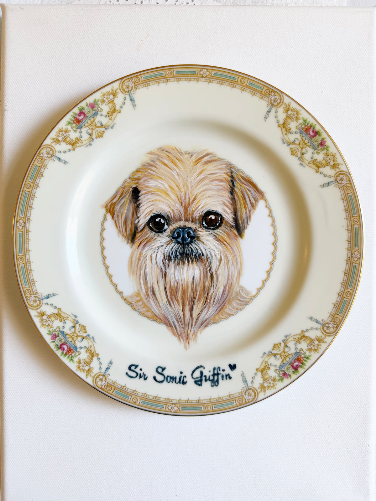 Custom Hand Painted Dog Portrait on Vintage Plate, Topaz floral, 7.5" medium