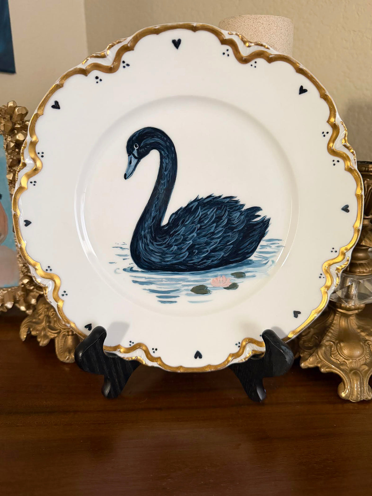Black swan painting on a vintage 9.5" piece of Antique Limoges Haviland China.