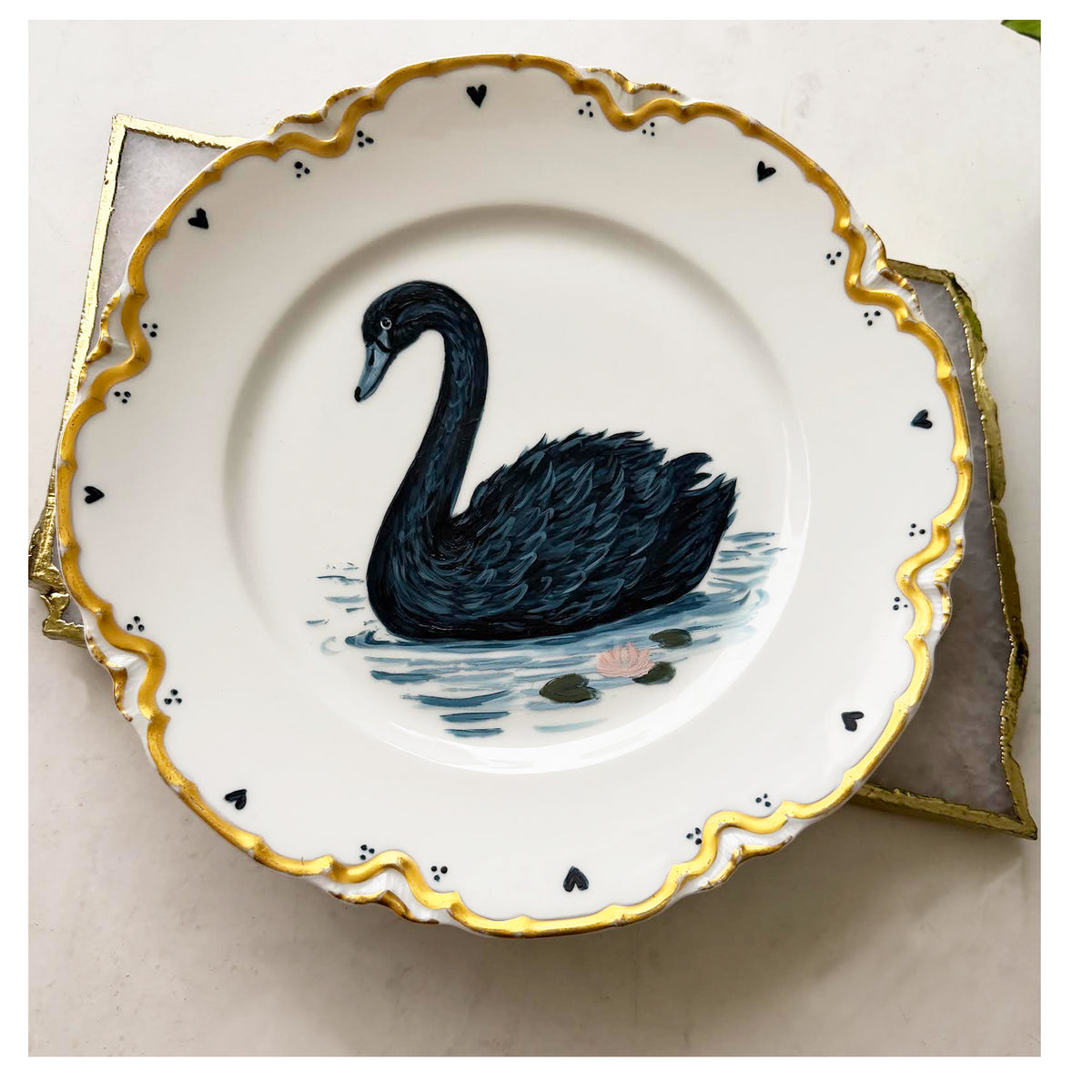 Black swan painting on a vintage 9.5" piece of Antique Limoges Haviland China.