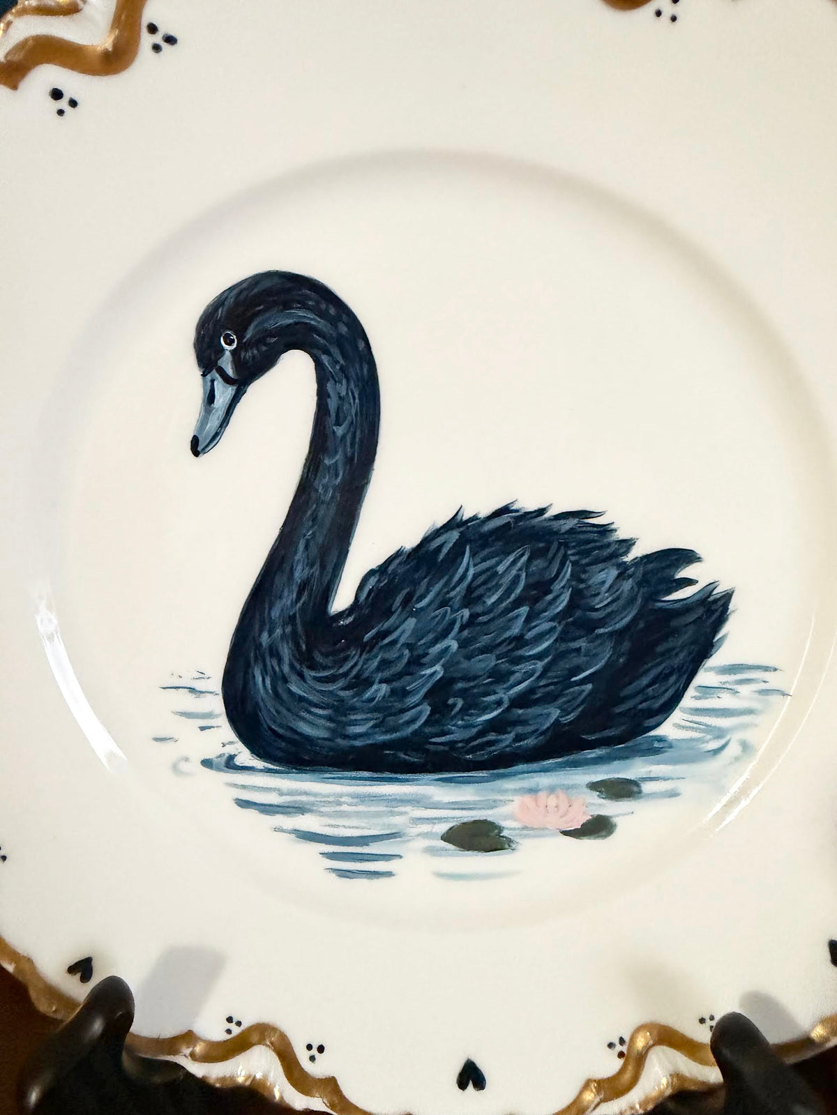 Black swan painting on a vintage 9.5" piece of Antique Limoges Haviland China.